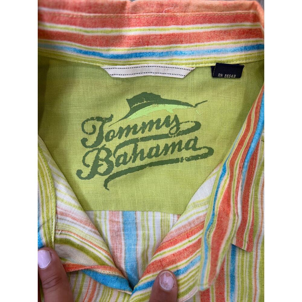 Tommy Bahama Men’s Medium 100% Linen Multicolor Striped Button Front Shirt - Picture 2 of 7